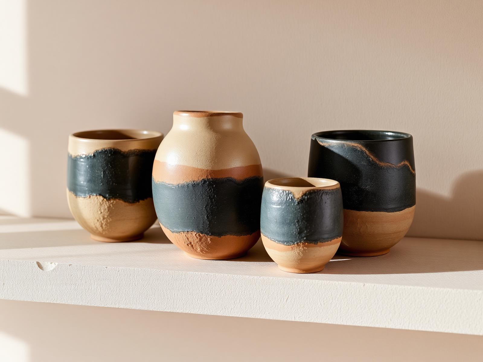 Hand-finished artisanal ceramic vessels with reactive glaze in sand and slate tones