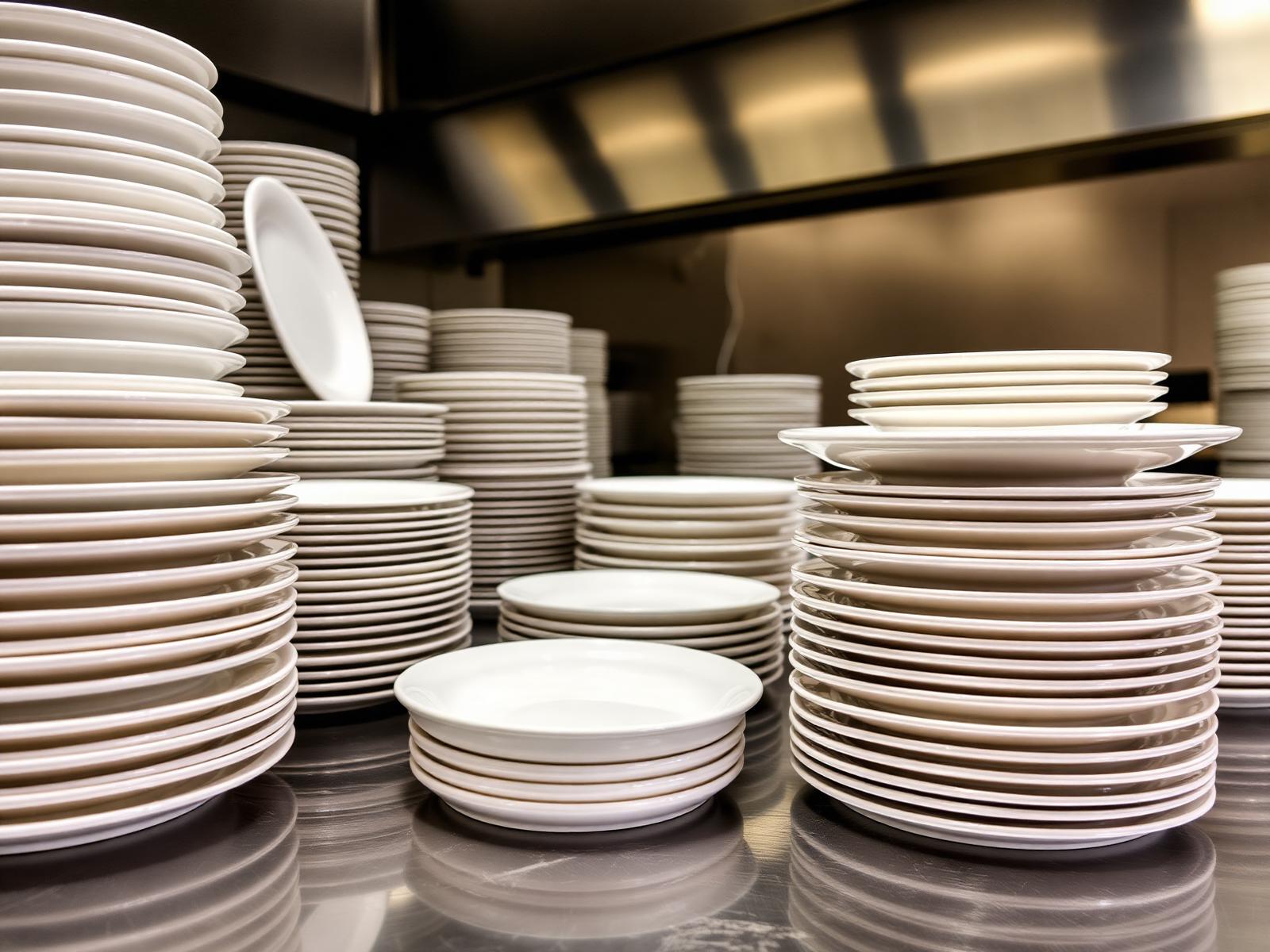 Stacks of white heavy-duty hotelware plates in a professional service area