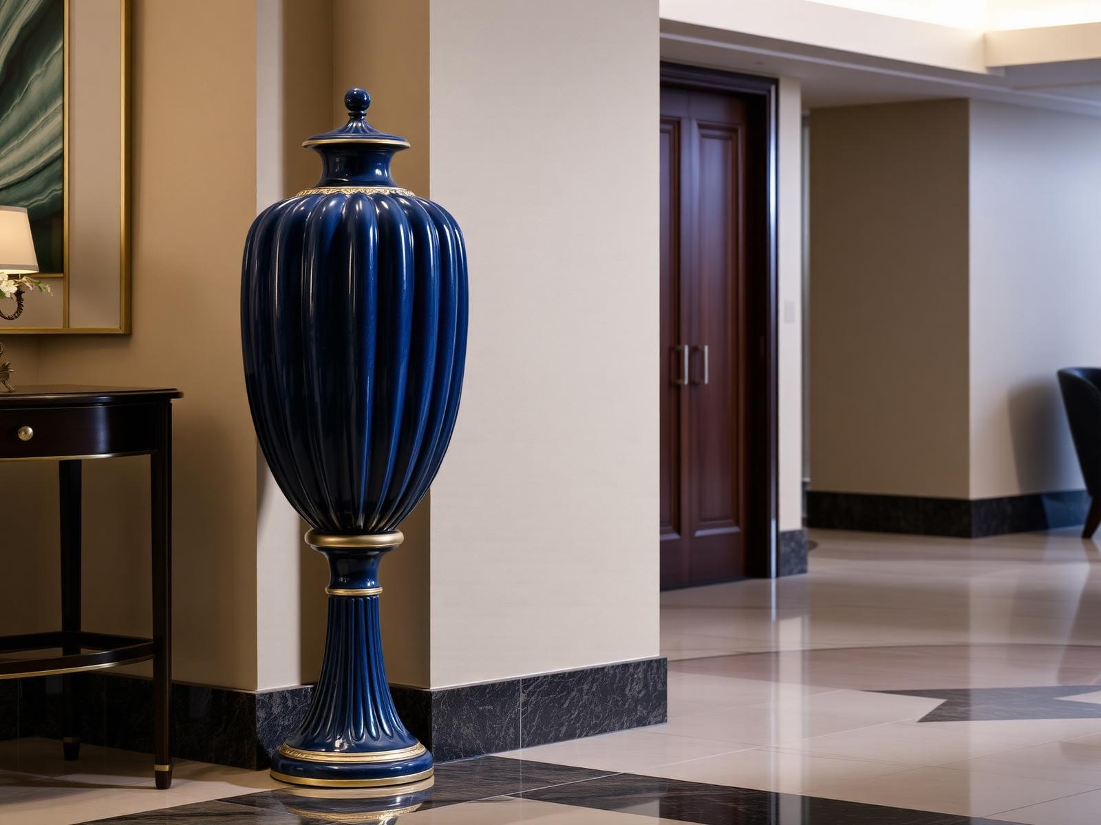 Tall fluted navy ceramic floor urn in a hotel lobby interior