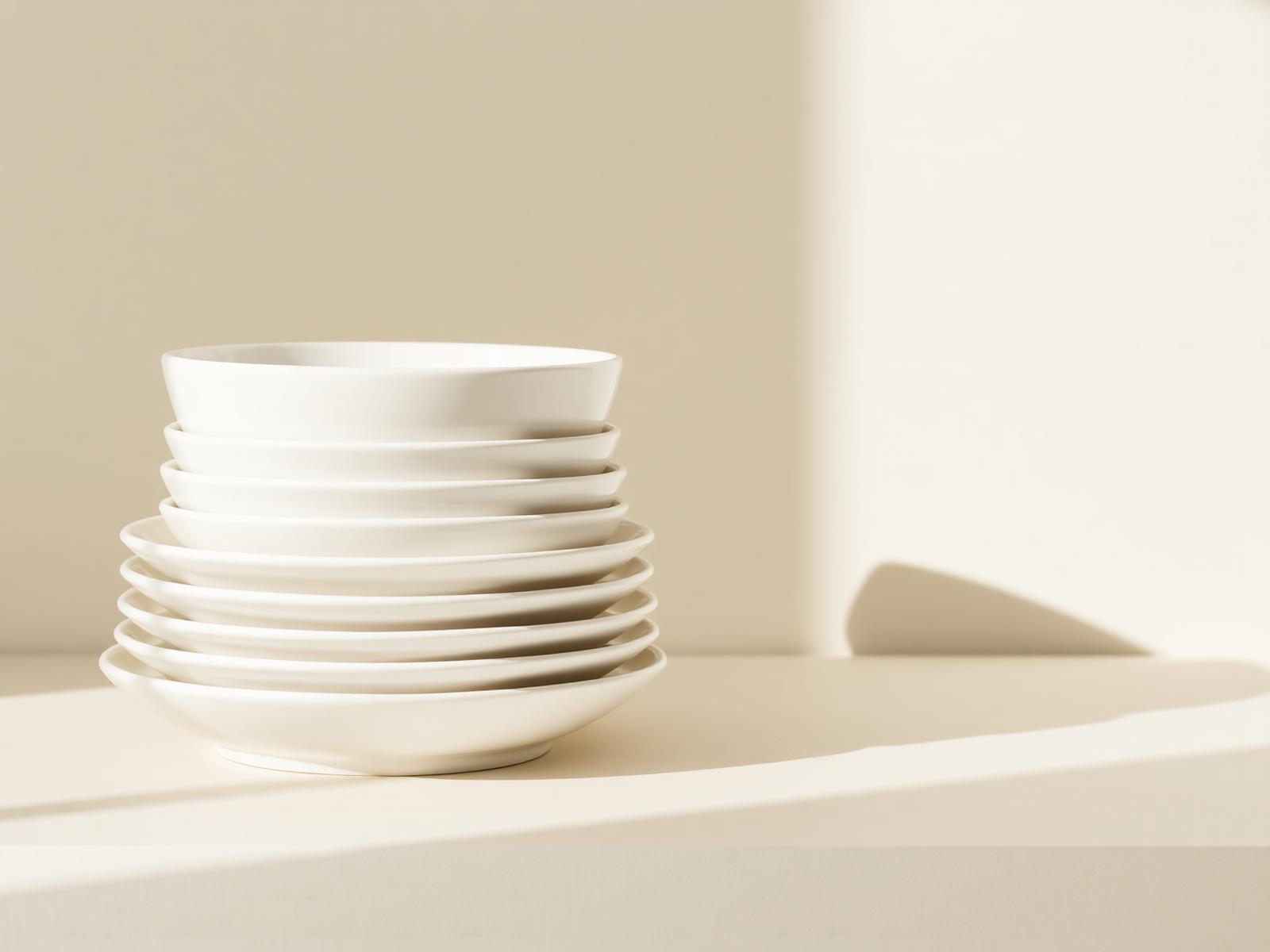 Stack of plain white minimal ceramic plates and bowls on an ivory surface