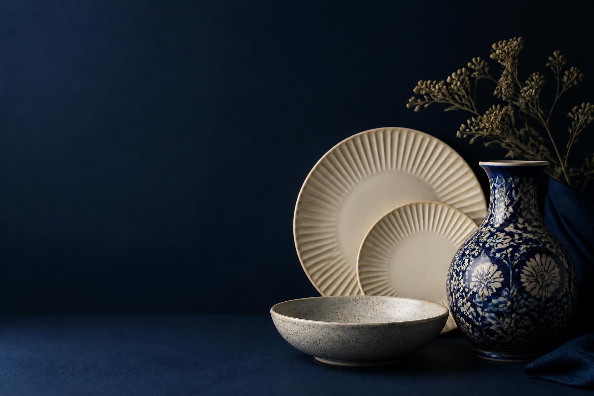 Editorial arrangement of Indian ceramic tableware and decorative pieces on a navy backdrop