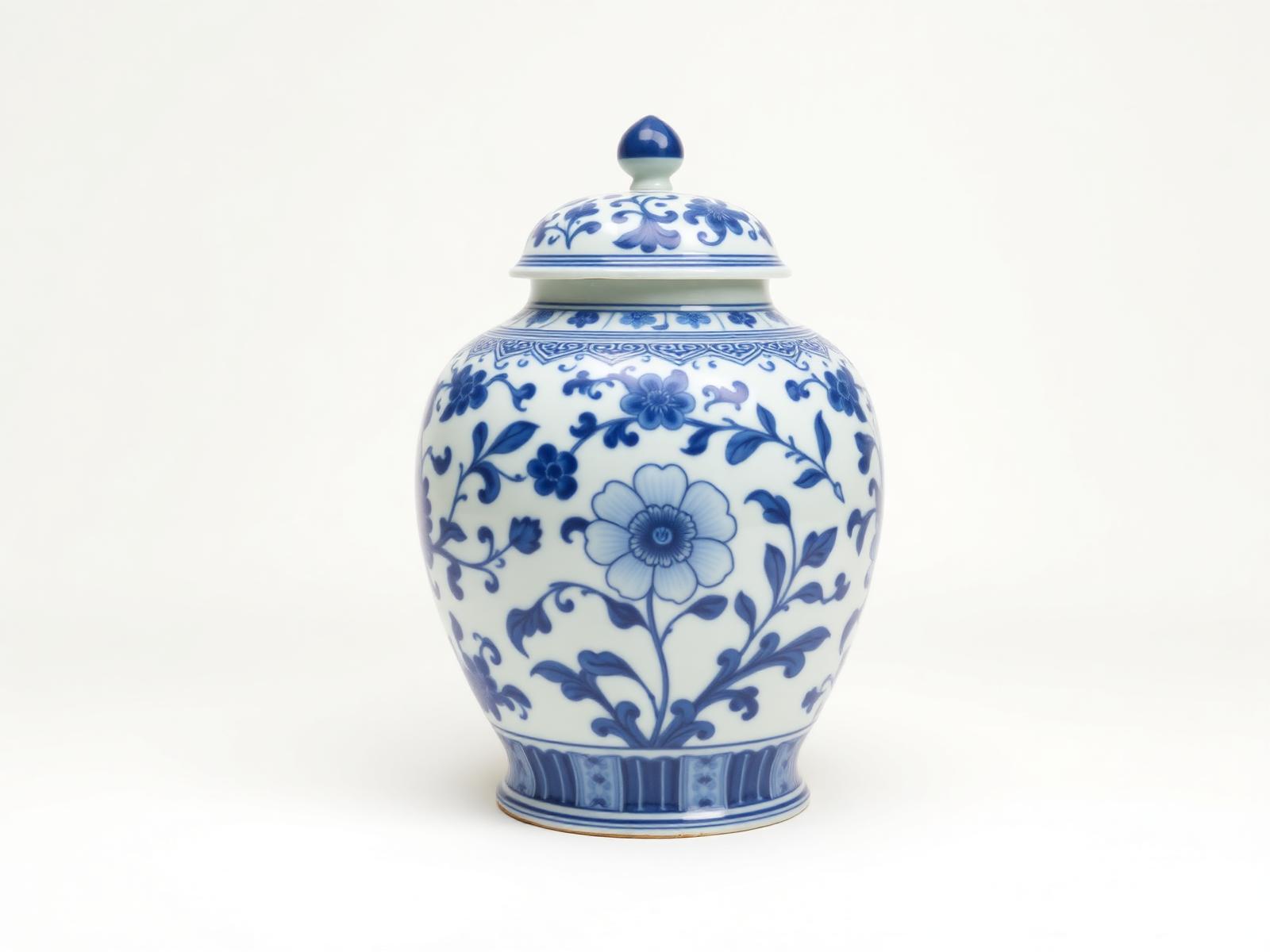 Mughal Lidded Temple Jar 16 — Lidded temple jar with floral scroll panels and finial lid.